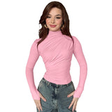 Women's Clothing 2025 Autumn And Winter New Fashion Pure Color Folding High-Neck Long-Sleeved Top Women's T-Shirt