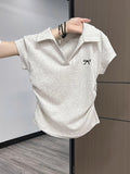 Pure Cotton Polo Collar Short-Sleeved T-Shirt Women's Summer Dress Large-Size Bottom T-Shirt Fat Mm Thin High-End Wrinkled Short Blouse