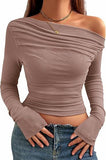 New Sexy Folded Shoulder Jacket Long Sleeves Out Asymmetrical Umbilical Folding T-Shirt Style Short