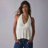 2026 New Hot Lace Lace Top Women Summer Folded Lotus Leaves Side Umbilical Umbilical Sweet Spicy Wind Short Hanging Neck Vest
