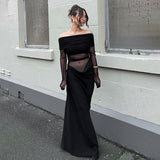Women's Clothing 2025 Spring And Summer New Fashion Word Shoulder Long-Sleeved Perspective Mesh Splicing Bag Hip Dress