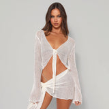 2025 Summer New Women's Net Eye Perspective Strap Long Sleeve Wrapped Thoracic Skirt Casual Half-Dress Suit Woman