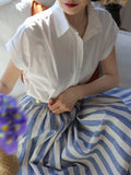 Vintage French Short-Sleeved Shirt Niche Design Feel Waist-To-Creek White Top Women's Summer