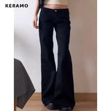 Y2k Low-Rise Black Micro-Tipped Jeans Women Water Wash Retro Hottie Repair Drag Long Pants 68HZ
