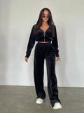 New 2025 Fashion Women's Long-Sleeved Collar Zipper Open-Fleet Tweed Trousers 68HZ