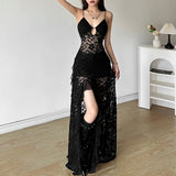 2025 Summer New Women's Solid Color Repair Height Waist Fashion V Tie Sling Mesh Dress 68HZ