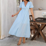 Dili 2025 Spring/Summer Leisure Commuting Holiday Wind V. Collar High-Waist Short-Sleeved Open-Fork Dress Woman
