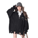 Black V-Neck Long-Sleeved Knit Coat Y2k Autumn/Winter Languid Leprosy Sweater Irregular Zipper Opener 68HZ