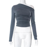 2025 Slanted Shoulder Asymmetrical Solid Umbilical Umbilical Top Long Sleeve Splicing Design
