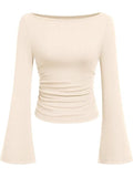 Hottie Solid Color Boat Collar Horn Sleeve T-Shirt Girl 2025 Autumn Dress Folds Thin Tops Long Sleeve