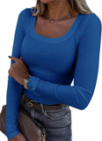 2026 New Burst Threaded Pit Strips Long-Sleeved Sexy U-Neck Casual Women's T-Shirt