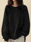 Casual Pure Color Open Fork Knitted Knitted Women Loose Long-Sleeved Round Sweater Autumn And Winter New 68HZ