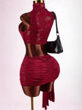 New Solid Color Body Sexy Hot Lace Hollow Sleeveless Short Top Coat Ass Skirt Suit Woman