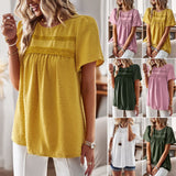 Independent Research And Development Design Round Collar Splicing Top 2025 Spring And Summer Loose Women's Shirt Pure Color