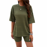 Dili Women's Clothing 2025 Spring And Summer Casual Solid Color Short-Sleeved Sweater Set