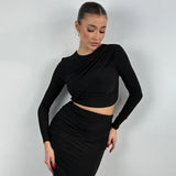Women's Clothing 2025 Autumn And Winter 2025 New Round-Neck Long Sleeves Bare Umbilical Top Dress Dress Suit Women