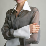 Spring And Summer New Sun Protection Top Temperament French Fashion Slench Gray Retro Loose Shirt Woman