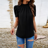 Dili Women's Clothing 2025 Spring And Summer Temperament Casual Pure Color Half-High Collar Short-Sleeved Lace Top