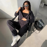 2025 New Ladies Casual Suit Solid Color Long Sleeve Hooded Cardigans Tight Waist Wide Leg Trousers 68HZ