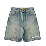 Trendy Embroidered Denim Shorts Men's Street Retro Water Wash Old Five-Point Trousers Loose Trousers 68HZ