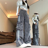Vintage Design Side Striped Jeans Women Spring And Autumn Loose High-Waisted Hottie Multi-Pocket Workwear Long Pants 68HZ