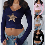 Dili 2025 Spring/Summer Y2K Sexy V-Necked Body Spliced Five-Pointed Star Top Long-Sleeved T-Shirt Women's Clothing
