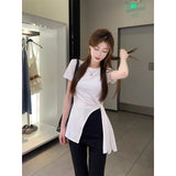 Simple Shoulder U Necker Machine Short-Sleeved T-Shirts Summer New High-End Tight Hottie Short Flying Sleeve Top