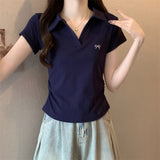 Rolling Polo Collar V-Neck Shoulder Short-Sleeved T-Shirt Girl 2025 Summer New Slim Short Solid Color Coat Tide