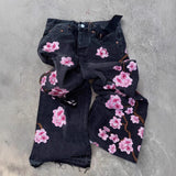 Vintage Trendy Cherry Blossom Embroidered Jeans Men And Women Y2k Harajuku Hip Hop Straight Tube Trousers 68HZ