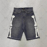 Trendy Embroidery Five-Point Denim Shorts Men's High Street Retro Bone Embroidery Loose Casual Trousers 68HZ