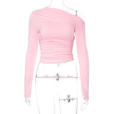 2025 Slanted Shoulder Asymmetrical Solid Umbilical Umbilical Top Long Sleeve Splicing Design