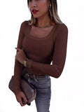 2026 New Burst Threaded Pit Strips Long-Sleeved Sexy U-Neck Casual Women's T-Shirt