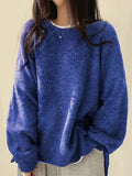 Casual Pure Color Open Fork Knitted Knitted Women Loose Long-Sleeved Round Sweater Autumn And Winter New 68HZ