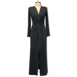2025 New Women's Solid Color Fold Design Deep V Collar High Open Fork Long Sleeve Sexy Dress
