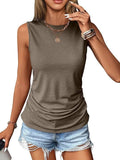 2025 Summer New Casual Solid Color Jacket Sleeveless Wrinkle Round Collar Vest Women's T-Shirt