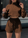 Spring And Autumn Women's Long-Sleeved Half-Necked Zippered Zip-And-Wear Shorts Two-Set Casual Ladies Suit 68HZ
