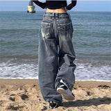 Ins Vintage Blue High Waist Jeans Women Y2K Harajuku Wind Make Old Straight Legs Drag Long Pants 68HZ