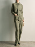 New Independent Tie Long-Sleeved Shirt + High Waist-Hanging Casual Broad-Legged Trousers Temperament Two-Set