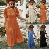 Solid-Color Leisure Holiday Dress 2026 Spring And Summer Collar Big Swing Skirt Lotus Leaf Side