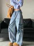 Vintage Design Side Striped Jeans Women Spring And Autumn Loose High-Waisted Hottie Multi-Pocket Workwear Long Pants 68HZ