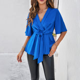 Dili Women's Clothing 2025 Spring And Summer V Neck Pure Color Elegant Five-Point Sleeve Strap Tidling Waist Top