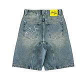 Trendy Embroidered Denim Shorts Men's Street Retro Water Wash Old Five-Point Trousers Loose Trousers 68HZ