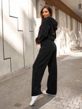 2025 New Ladies Casual Suit Solid Color Long Sleeve Hooded Cardigans Tight Waist Wide Leg Trousers 68HZ