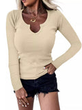 Spring And Winter Pure Color Pit Deep U Collar Long-Sleeved Casual Fashion Women's T-Shirt Spicy