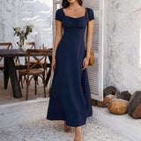 Dili 2025 Spring And Summer Temperament Elegant Solid Color Tie With Folding Bubble Bubble Sleeves French Dress Women's Dress