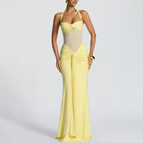 2025 New Hanging Neck Tie Mesh Splicing Ribbon Dress Dress Dress