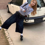 Embroidery Stitching Scissors Jeans Women's Summer Design Sense Of Loose Retro High-Waist Broad-Legged Seven-Point Pants 68HZ