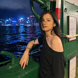 Design-Sensitive Oblique Shoulder Short-Sleeved T-Shirt Woman 2025 New Summer Chic Shoulder Sympathizes With Pure Cotton-Dense Shawl Ins