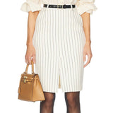 Blogger With The Same Striped Sbutaled Ass Skirt Show Black Hollow Lace Short Sleeves Shoulder Shirt Set