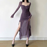 2025 Autumn New Women's Clothing Pure Color Repair Height Waist Fashion Collar Long Sleeve Mesh Dress 68HZ
